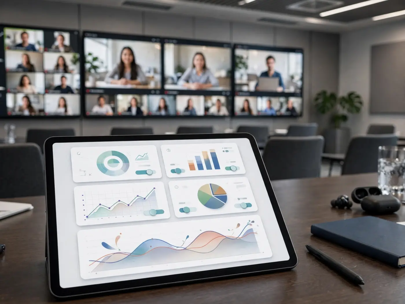 Panel de control financiero interactivo en una tableta con gráficos abstractos
