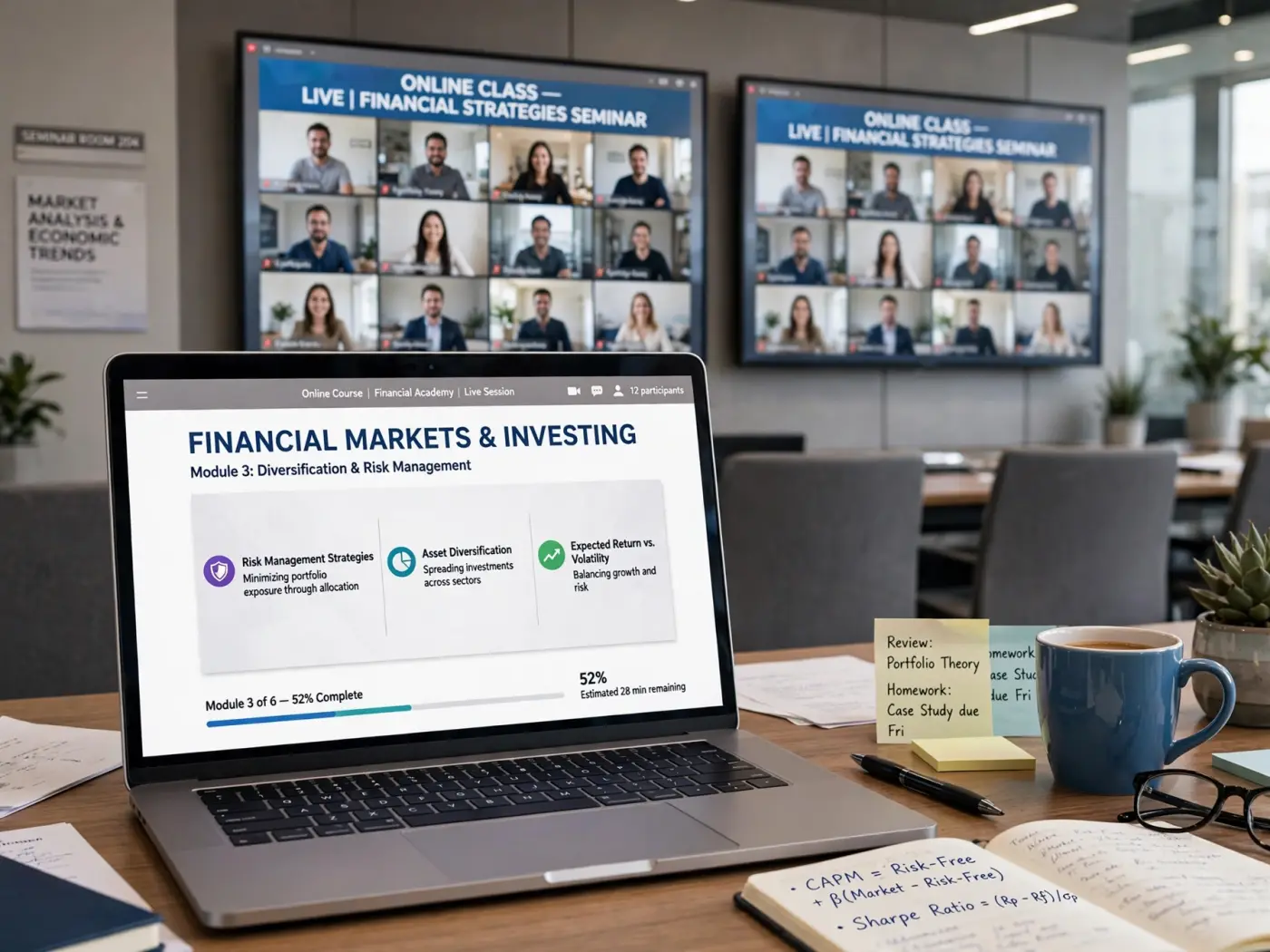 Curso financiero en línea en una pantalla de ordenador portátil con diapositivas y barra de progreso