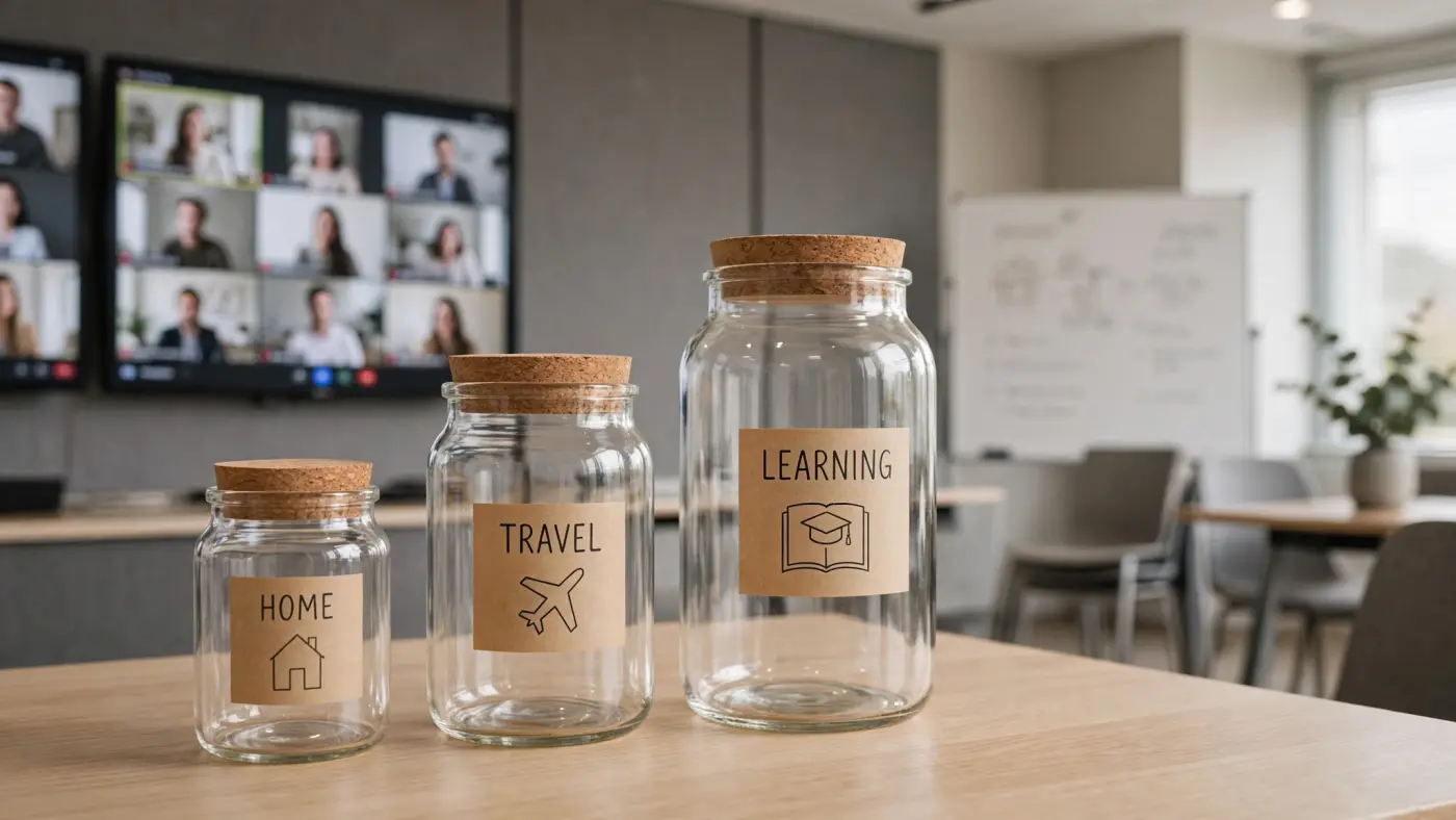Concepto de planificación del ahorro con recipientes de distintos tamaños y etiquetas con iconos